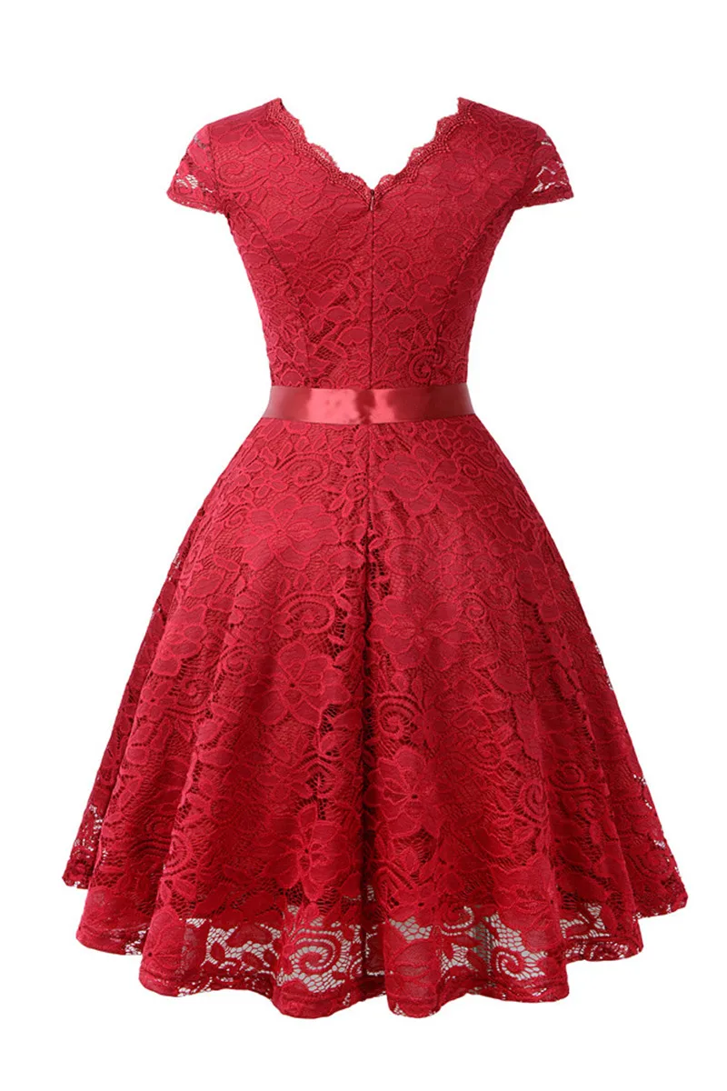 Laço vermelho a linha vestidos de noite elegante decote em v padrão de renda com decote em v vestidos de festa de formatura feminino