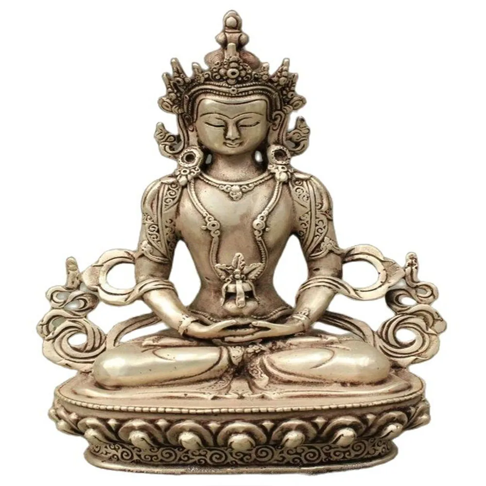 

Tibet Buddhist Silver Amitayus Longevity God Goddess GuanYin Buddha Statue metal handicraft