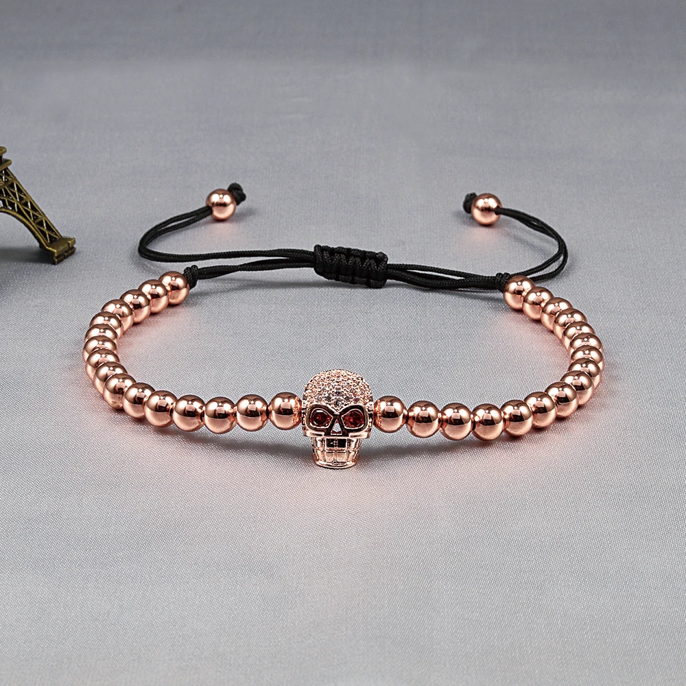 Charm 5mm Copper Beads Bracelets Handmade Pave CZ Skeleton Crystal Adjustable Bracelets Women Men Skull Head Punk Wrist Jewelry