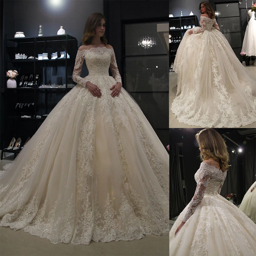 

Elegant Boat Neck Wedding Dress Lace Flower Appliques And Sequins Ball Gowns Long Sleeves Custom Made Princess Bridal Dresses