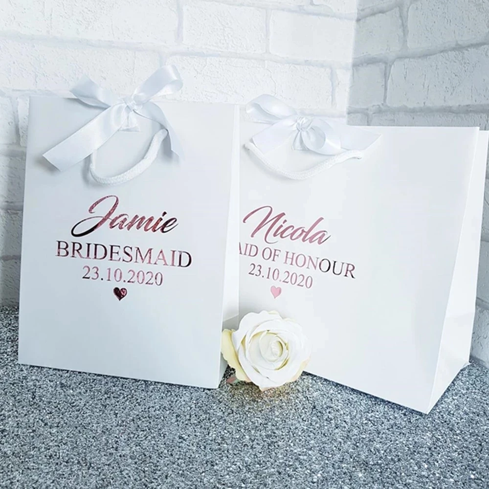 personalised rose gift bag luxury white gift bag with ribbon wedding gift bag bridesmaid gift bag bridal party gift