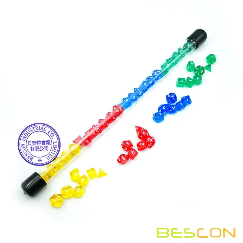 Bescon 28pcs Colorful Translucent Mini Polyhedral Dice Set in Tube, Mini RPG Dice 4X7pcs,Mini Gem Dice Set