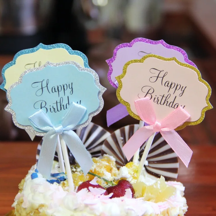 Cake Topper 5pcs/lot Bow Happy Birthday Decoration DIY Cupcake Flags Birthday Party Cake Baking Decor Baby shower anniversaire