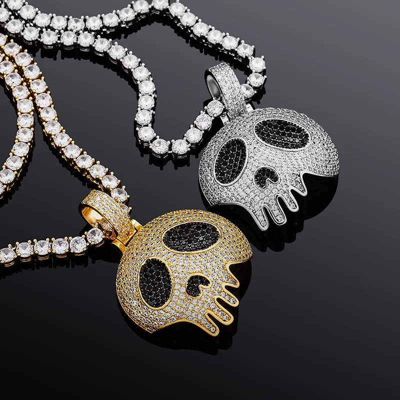 

Hip Hop Micro Paved Cubic Zirconia Bling Ice Out Halloween Skull Pendants Necklace for Men Rapper Jewelry Drop Shipping