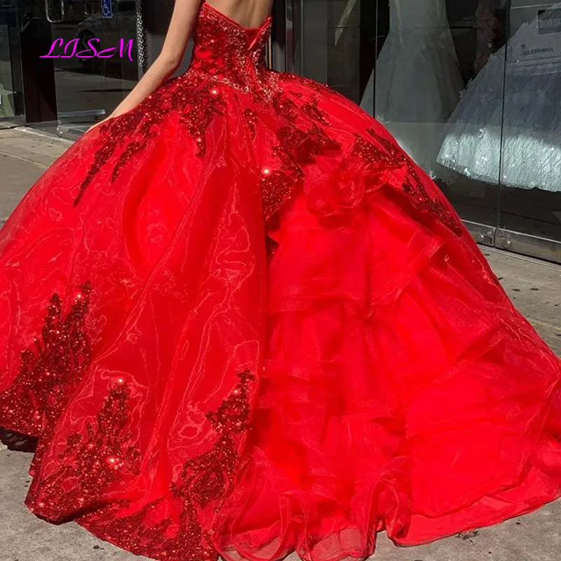 Red Sweet 16 Quinceanera Dress Sequined Sparkly Lace Pageant Party Dresses Ball Gown Mexican Girl Birthday Gowns