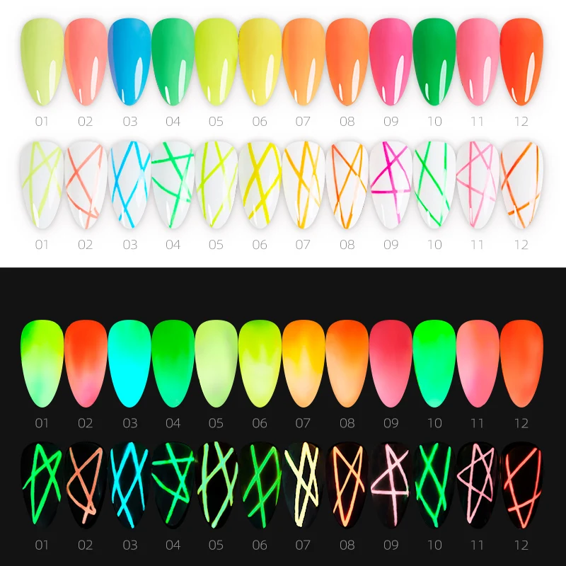 BOZLIN 12 Warna Glitter Dalam Gelap Liner Seni Gel 8Ml Rendaman UV/LED Neon Bercahaya Warna Gel Cat Kuku Alat Seni Kuku Desain Liner