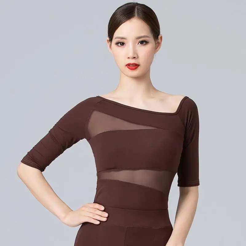 Mono de Tops de baile Latino de manga media para mujer, ropa de cintura de retazos, camisa de baile latino, Performamnce, Sexy, Tango, Chacha