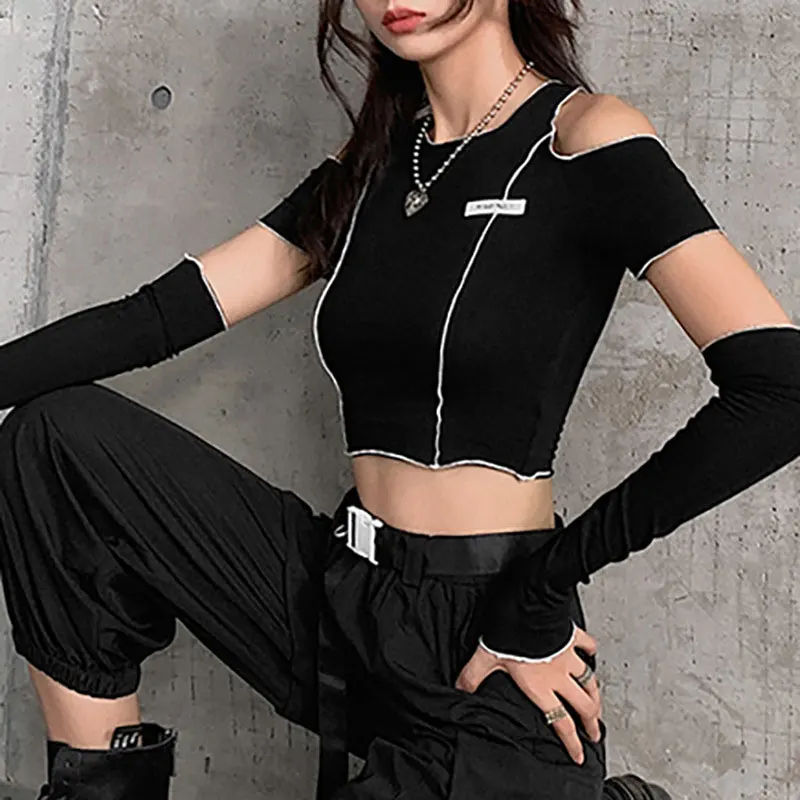 women Emo PUNK T-shirts Egirl Rock Tops with Gloves Hip Hop Goth Tank Y2K Aesthetic Techwear Dark Clothes Party