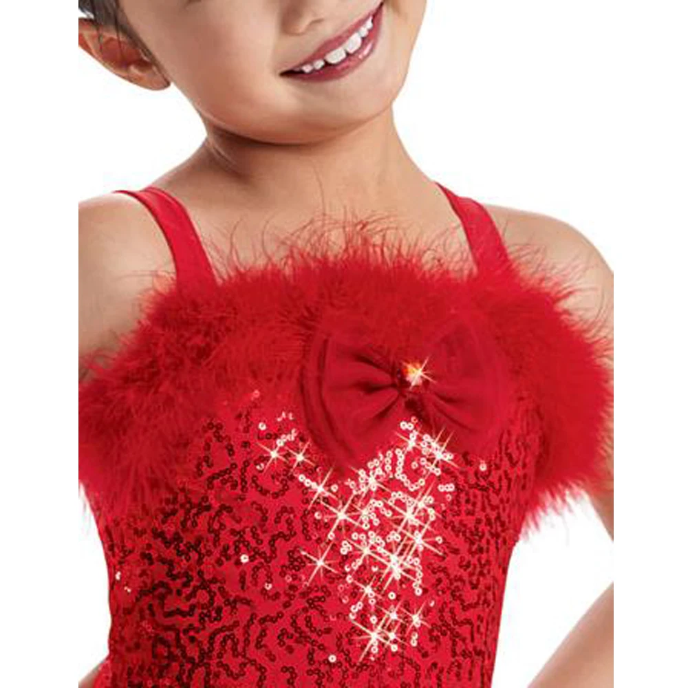 Sequin Feather Boa Drop Waist Tutu Dress Ballroom Dance Costumes for Girls