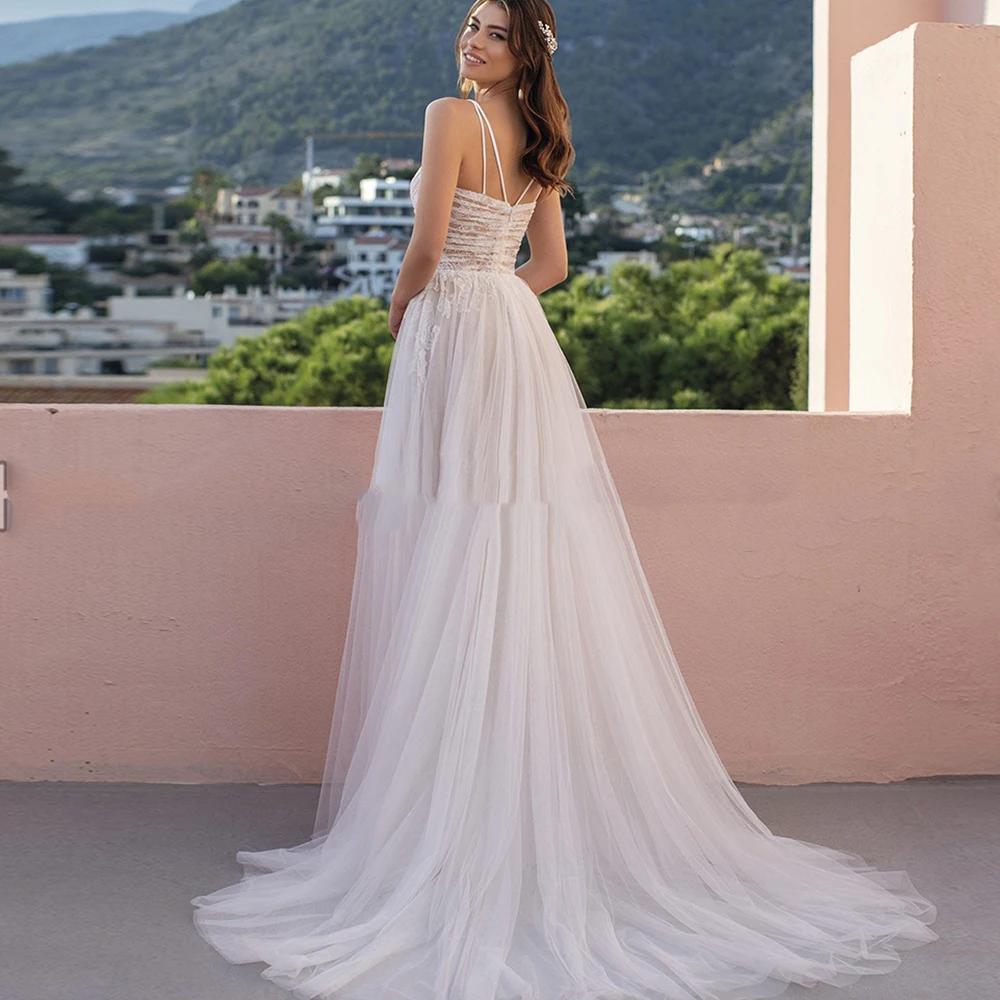 Elegante gola querida sem mangas vestido de casamento tule a linha de renda apliques cintas de espaguete vestido de noiva vestidos de novia