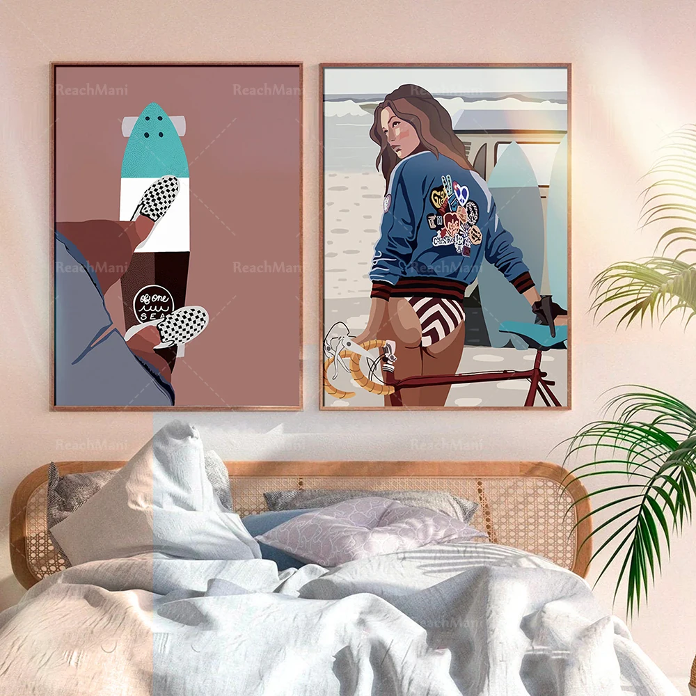 

Girls and skateboard wall art, surf girl wall decoration, skateboard posters, modern women posters, feminist art