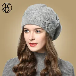 FS-boinas de conejo para mujer, Gorros de lana de punto con flores, gorro cálido para niña, gorro de piel, gorro para mujer 2023