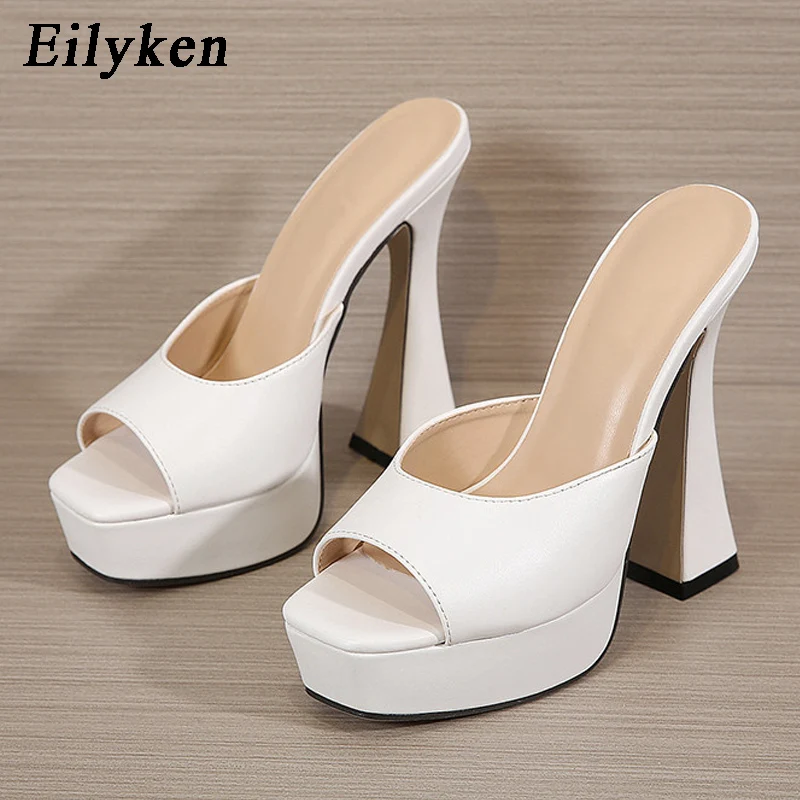 Eilyken Peep Toe Summer Platform Slippers Women Shoes Slides Fashion Square Heels Gladiator Sandals Pumps