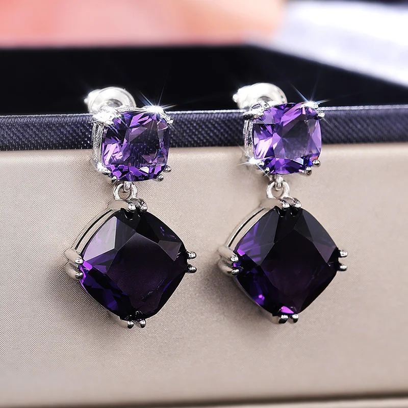 Huitan Noble Bridal Earrings for Wedding Geometric Purple Cubic Zirconia High Quality Elegant Women Accessories 2021 New Jewelry