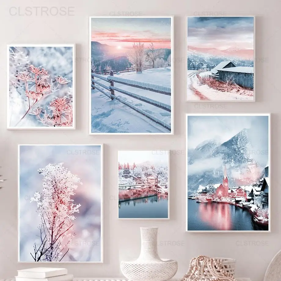 

Winter Landscape Sunset Canvas Painting Snow Hill Lake House Grass Flower Poster Nordic Wall Art Picture Home Decor Living Room
