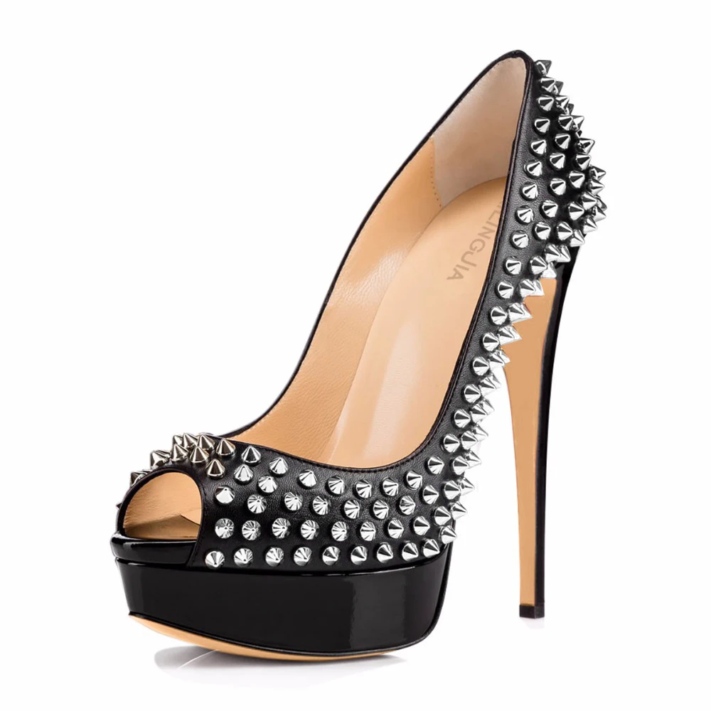 Studded Black Stripper Ultra High Heels Platform Shoes for Women 2021 Peep Toe Sexy Woman Pumps with Spikes Ladies Footwear