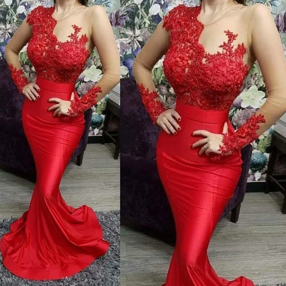 Robe De bal rouge à manches longues, effet d'illusion, robe De soirée De forme sirène, avec des Appliques en dentelle et des perles, 2021