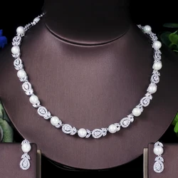 ThreeGraces Elegant White CZ Stone Wedding Brides Big Choker Pearl Necklace and Earrings Negerian Costume Jewelry Sets JS071