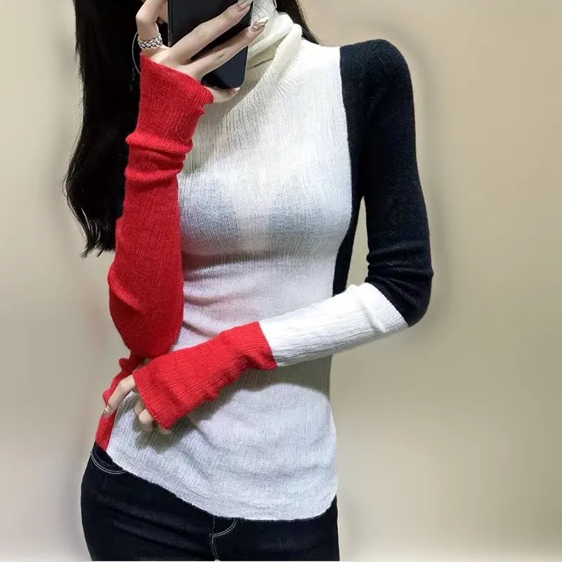 New Spring Autumn Long Sleeve Women's Color Block Contrast Casual Sweaters Knitted Turtleneck Basic Tops Pullovers NS583