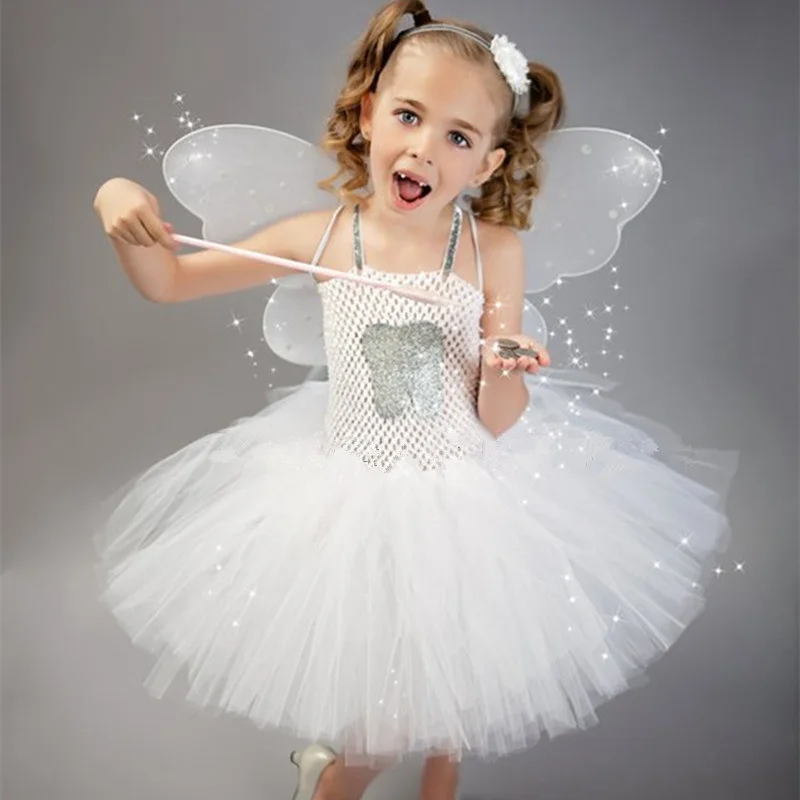 Bianco neonata dente fata Tutu vestito ali di farfalla fascia bacchette principessa bambini Halloween Cosplay Fancy Party Dress Costume