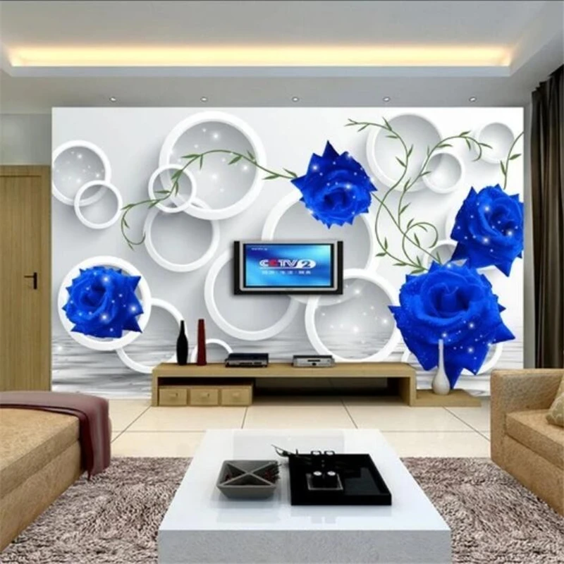 Papel de parede Custom wallpaper 3D stereo circle blue rose mural simple blue flower TV background wall decoration painting обои