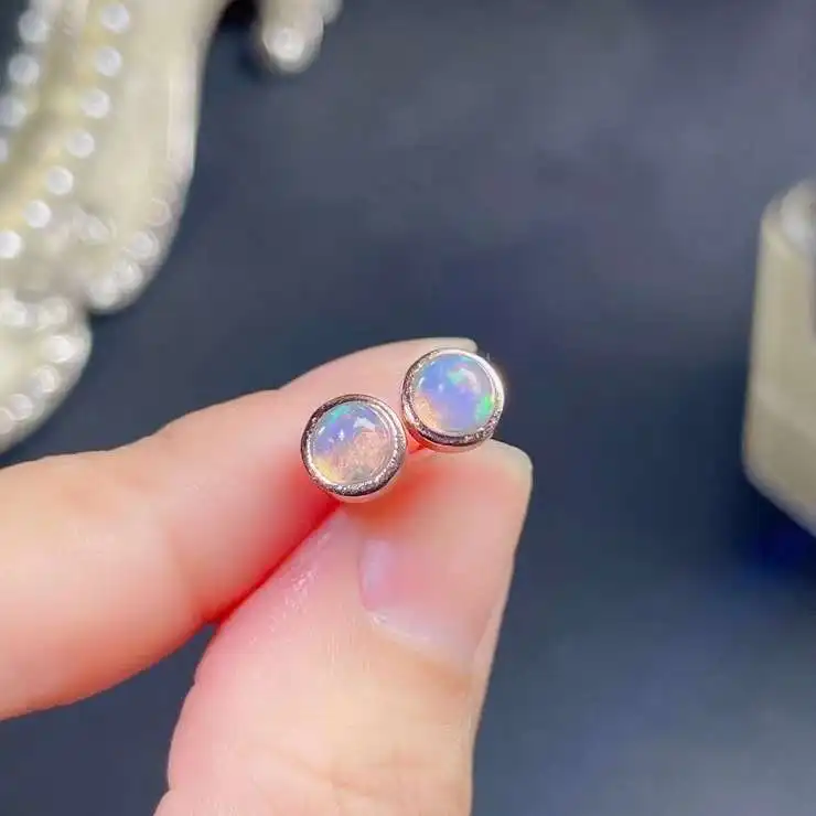 Simple Opal Silver Earrings for School Girl 5mm Natural White Opal Stud Earrings Solid 925 Silver Opal Jewelry