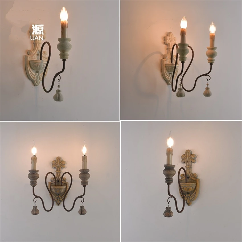 

American country wood candlestick wall lamps bedroom aisle balcony retro wall sconces lights living room Mediterranean lighting