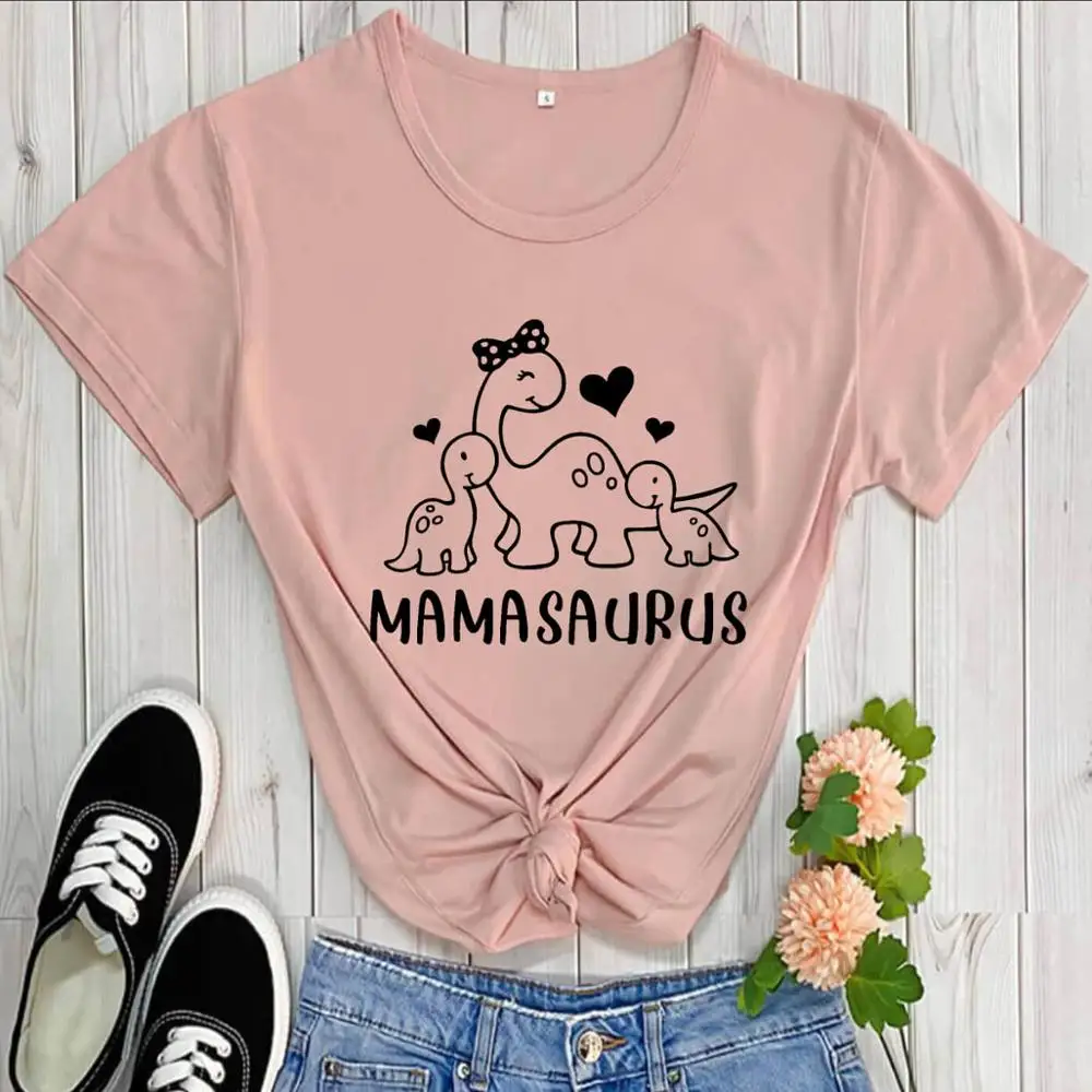 Cute Saurus Graphic Printed 100%Cotton Summer Women's T Shirt Mom Life Casual O-Neck Pullovers Short Sleeve Tops Gift For Mom