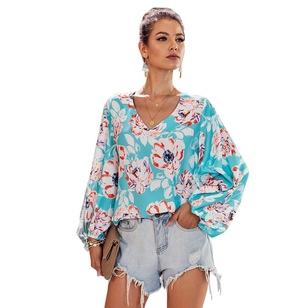 Spring and Summer Shirt Women's Loose Shirt Printed Loose V-neck Lantern Sleeve Top