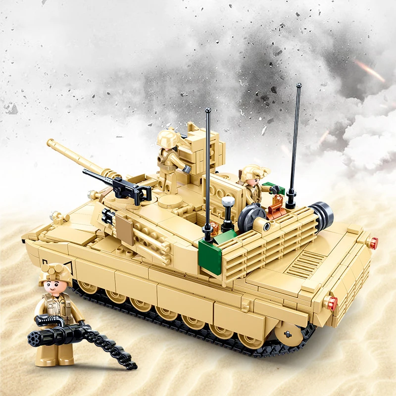 SLUBAN New World War II 2 Military USA Abrams M1A2 Battle Tank Chariot Building Blocks Army Classic Accessories Model Kids Toys