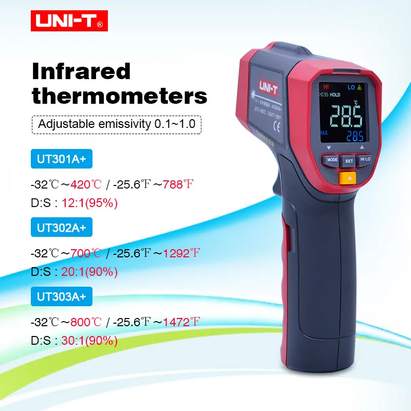 

UNI-T UT301A+/302A+/303A+ Infrared Thermometer high-definition EBTN color screen adjustable emissivity Alarm function -32~800C