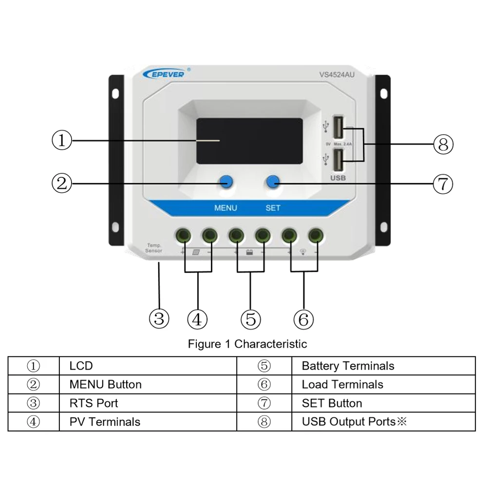 Imagem -02 - Epever-controlador de Carga Solar Mppt vs Série au Vs2024au 20a 12v 24v Pv50v Pwm