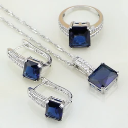 Blue Rhinestone White CZ Costume Jewelry 925 Silver Bridal Jewelry Sets for Women Wedding Earring/Pendant/Necklace/Ring