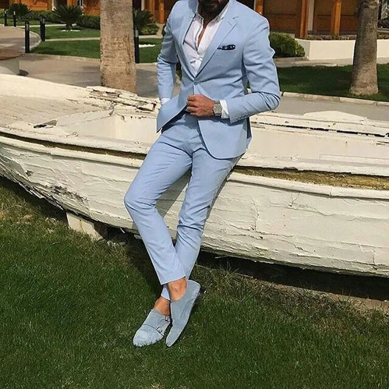 Light Sky Blue Slim Fit Men Prom Suits Notched Lapel Bride Groom Beach Wedding Tuxedos Blazers Sets 2 Pieces (Jacket+Pant)