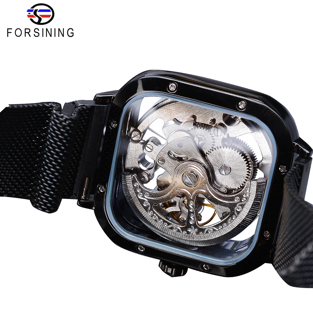 Forsining Skeleton Men Mechanical Wristwatches Square Transparent Mens Watch Black Steel Automatic Watches Relogio Masculino