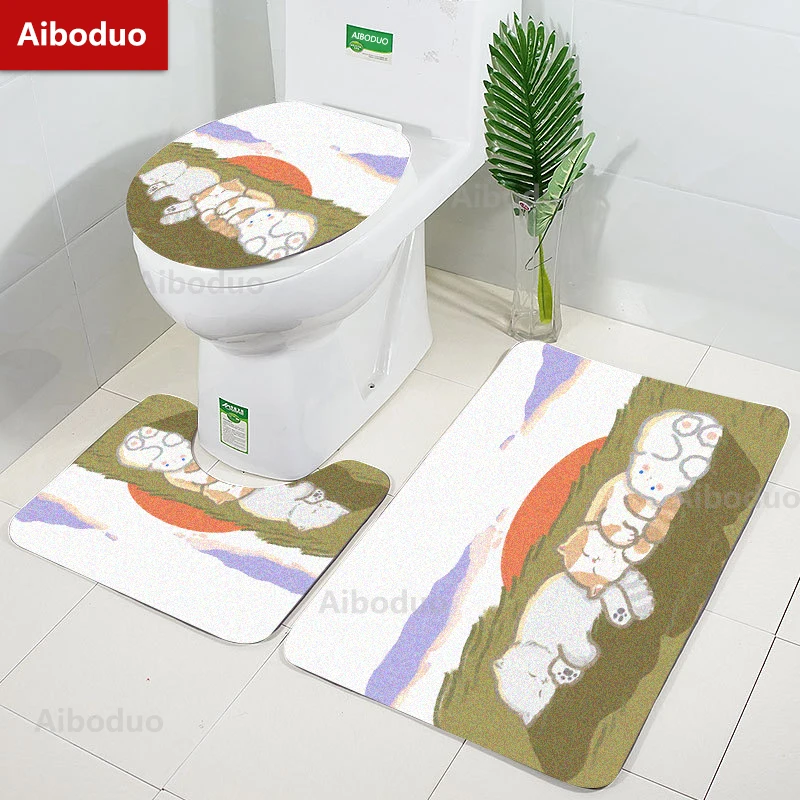 

Aiboduo Cute Cats 3pcs/set Toilet Lid Cover Set Non Slip BathMat Restroom Rug Kitty Girly Warm Home Decoration Absorbent Carpet