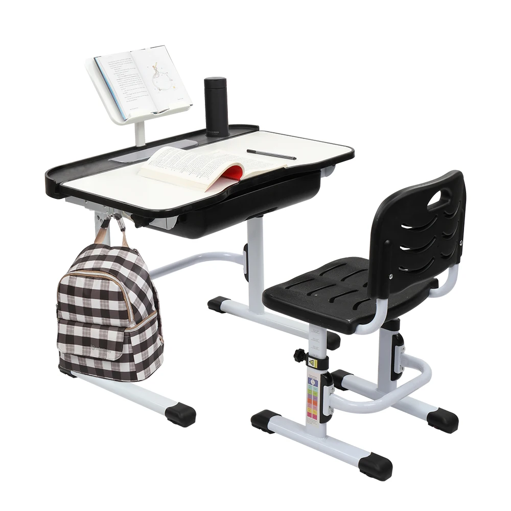 70CM Lifting Table Top Can Tilt Children Study Table Learning Table And Chair Black With Reading Stand Without Table Lamp)