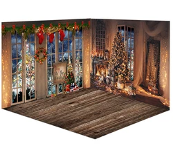 Mehofond Winter Christmas Backdrop Brown Wood Floor Windows Snow Starry Sky Light Baby Photography Background Decor Photo Studio