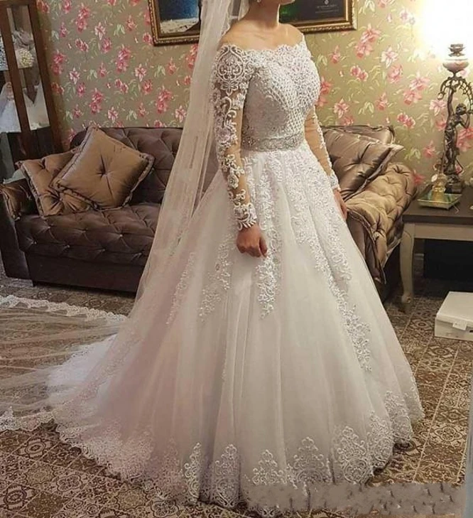 Luxus Weg Von der Schulter Arabisch Muslim Brautkleider 2020 Langarm Volle Perlen Hochzeit Kleider Braut Kleider Vestido De Novia