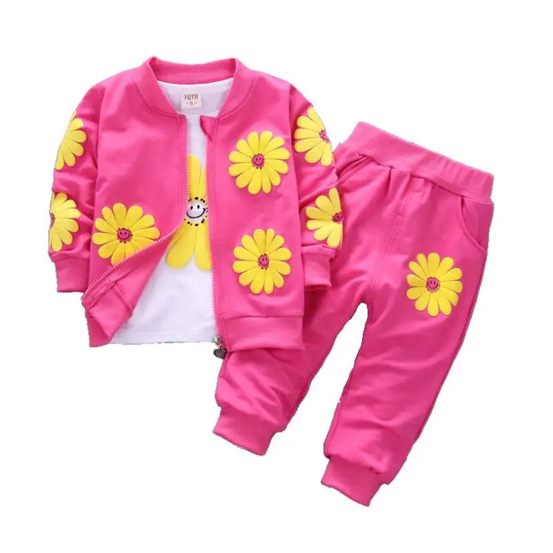 2024 Children\'s Spring Autumn Set Girls Long Sleeve Fashion Printed Zipper Coat +T-shirt+Pants Set Three Piece Infant Set 0-4Y
