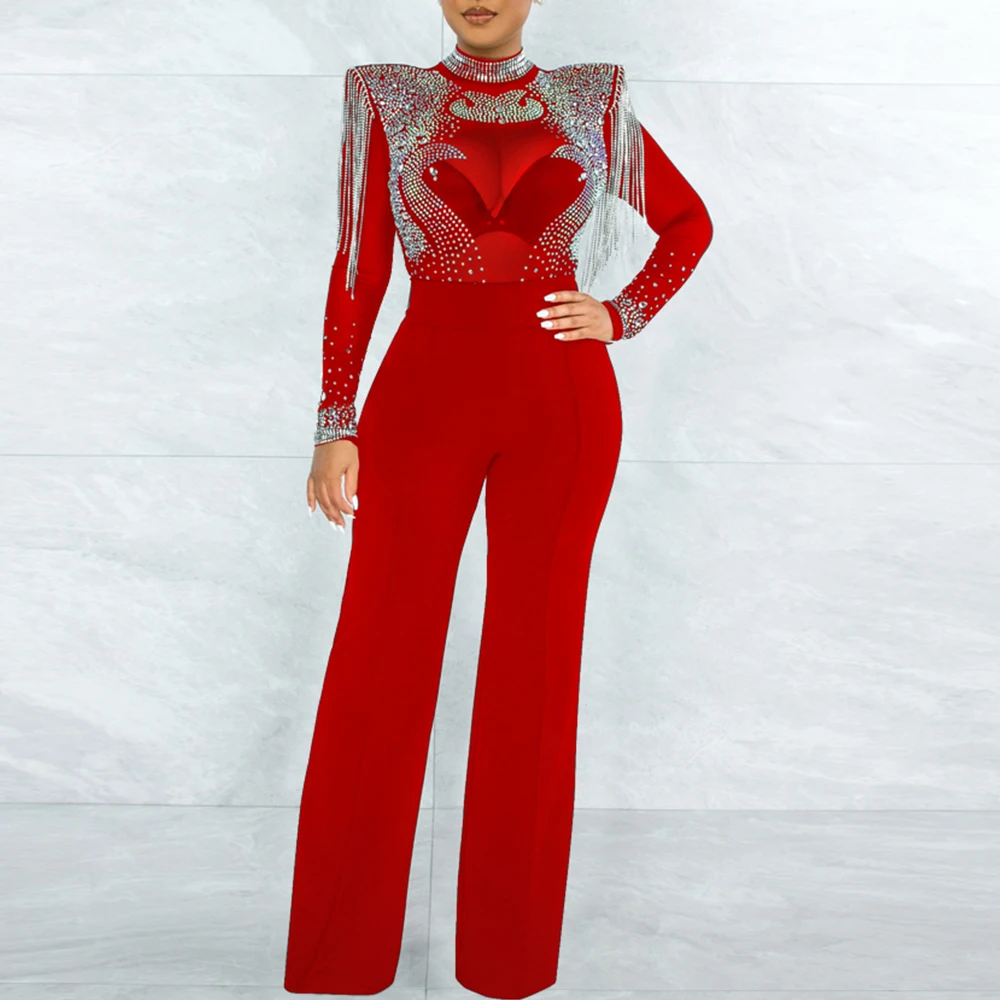 Sexy y2k see through red Rhinestone bodycon jumpsuit women summer Pants party nightclub outfits body jumpsuits bodysuit overalls