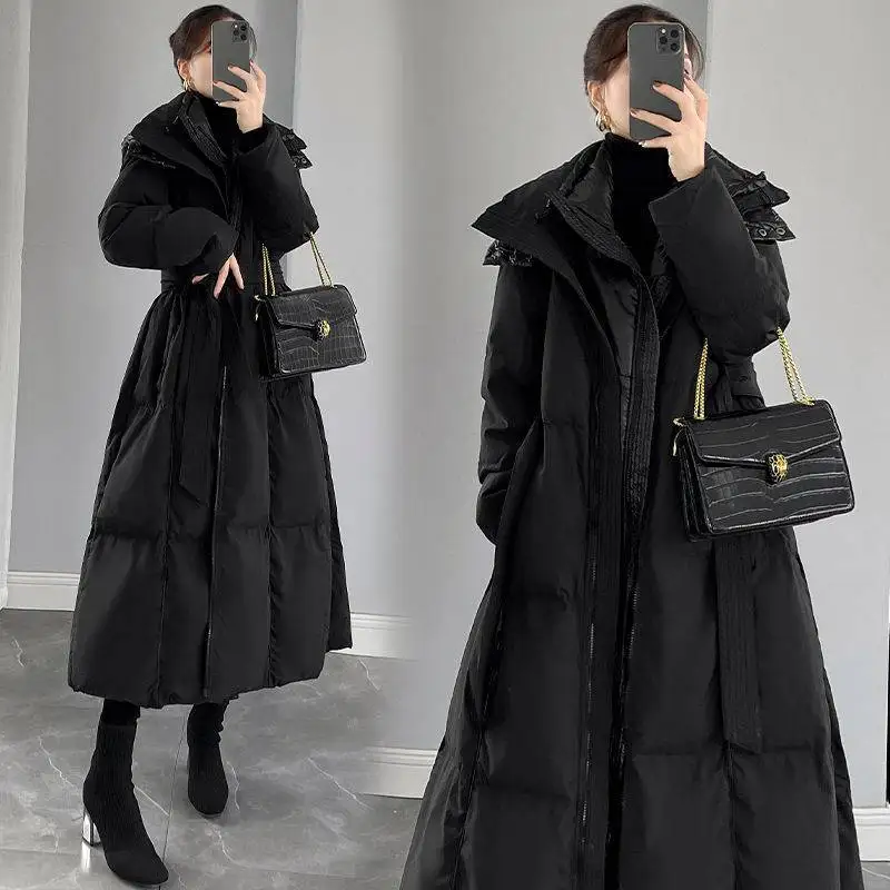 

Fall Winter Padded Jacket Women Black Hooded Long Outwear Belt Slim Thick Warm Overcoat 2022 New Fashion Female Cotton Clothes