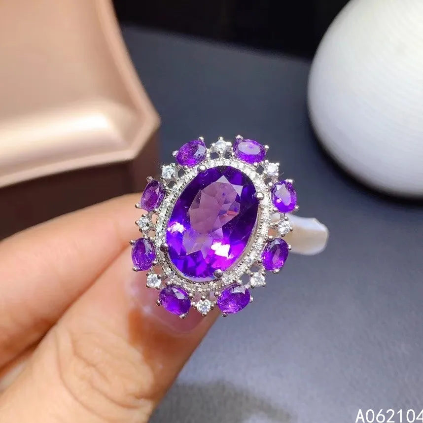 

KJJEAXCMY fine jewelry 925 sterling silver inlaid Amethyst Women's exquisite classic oval large gem adjustable ring support dete