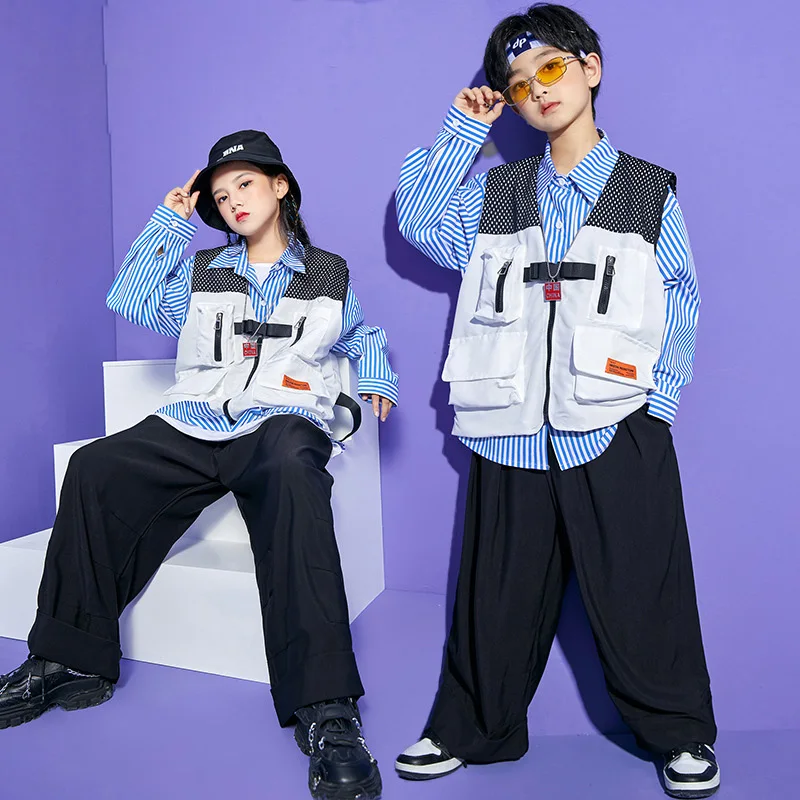 

Kid Kpop Hip Hop Clothing Striped Shirt Sleeveless Jacket Top Streetwear Baggy Pants for Girl Boy Rapper Dance Costume Clothes