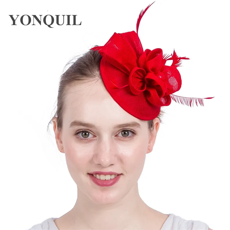 Women Small Flower Feather Wedding Hat Girl Charming Imitation Sinamay Fascinators Design with Special Shape Fashion Headpiece