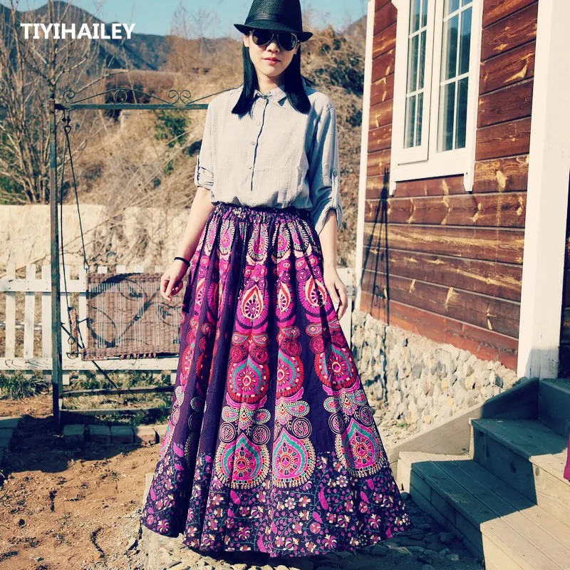 TIYIHAILEY Free Shipping Boshow Long Floor Length Cotton Autumn Spring Skirt For Women Print Skirts Elastic Waist National Skirt