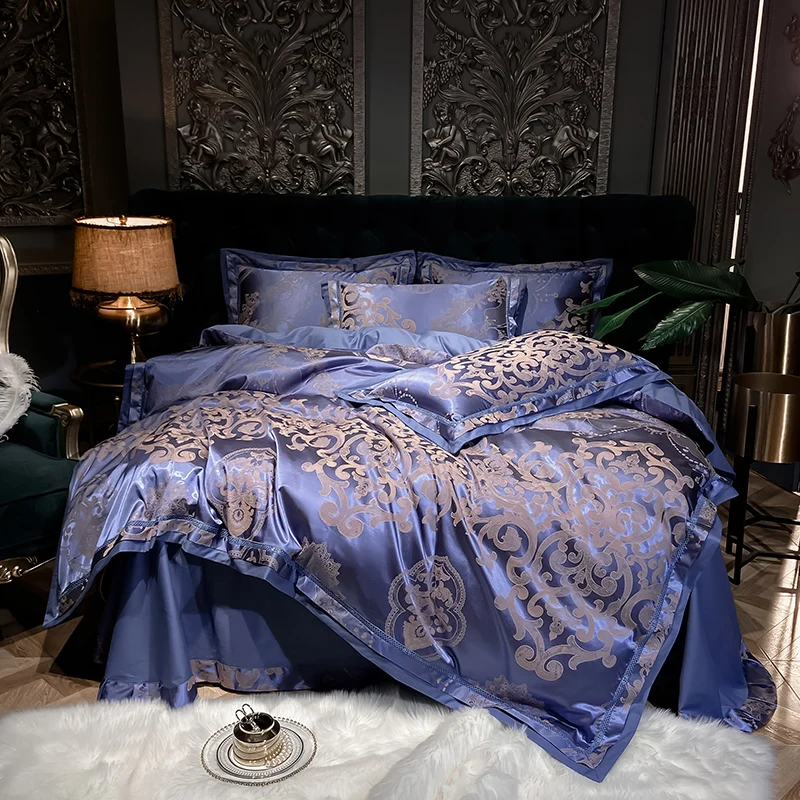 Soft Satin Jacquard Cotton Bedding Set, Luxury Duvet Cover, Blue, Gold, Gray, Queen, King Bed Sheet, Pillowcases, Home Textiles