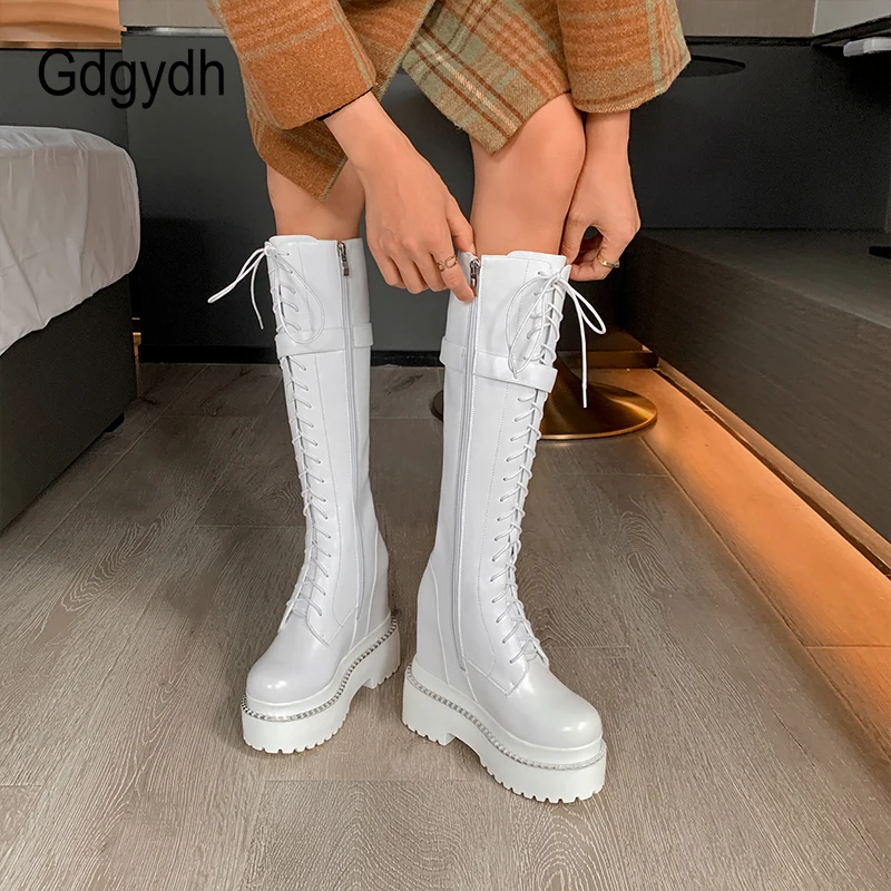 Gdgydh Fashion Lace-up Knee High Platform Boots Goth Black Metal Decoration Women Boots With Zipper Wedges Heel Drop Shipping