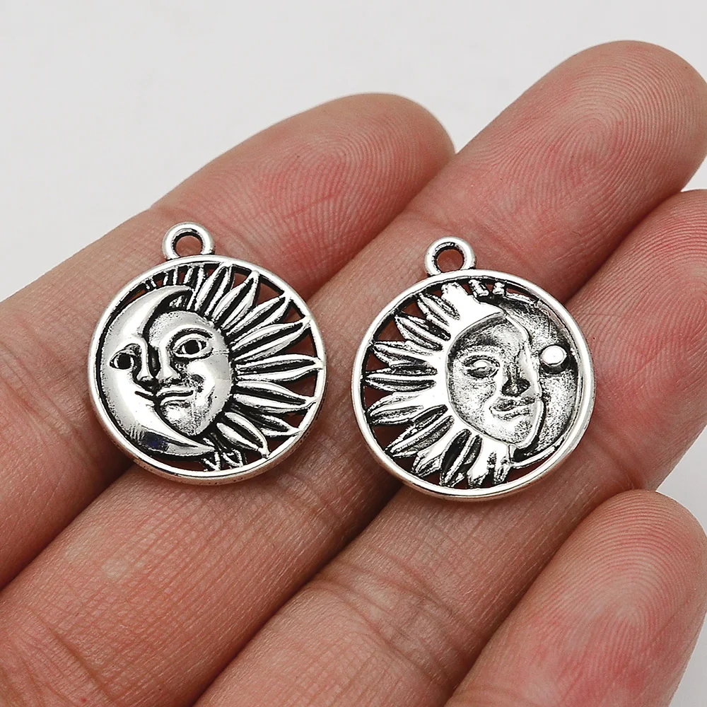 20pcs/Lots 20x23mm Antique Silver Plated Moon Sun Charm Face Pendants For Diy Jewellery Making Bulk Items Crafts Hqd Wholesale