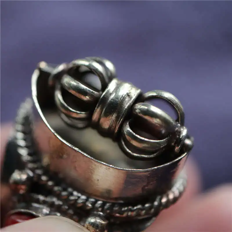 Tibetan Metal Ring for Man Spin Dorje Amulet Copper Inlay Red Lampwork Beads Open Rings Big Size R185